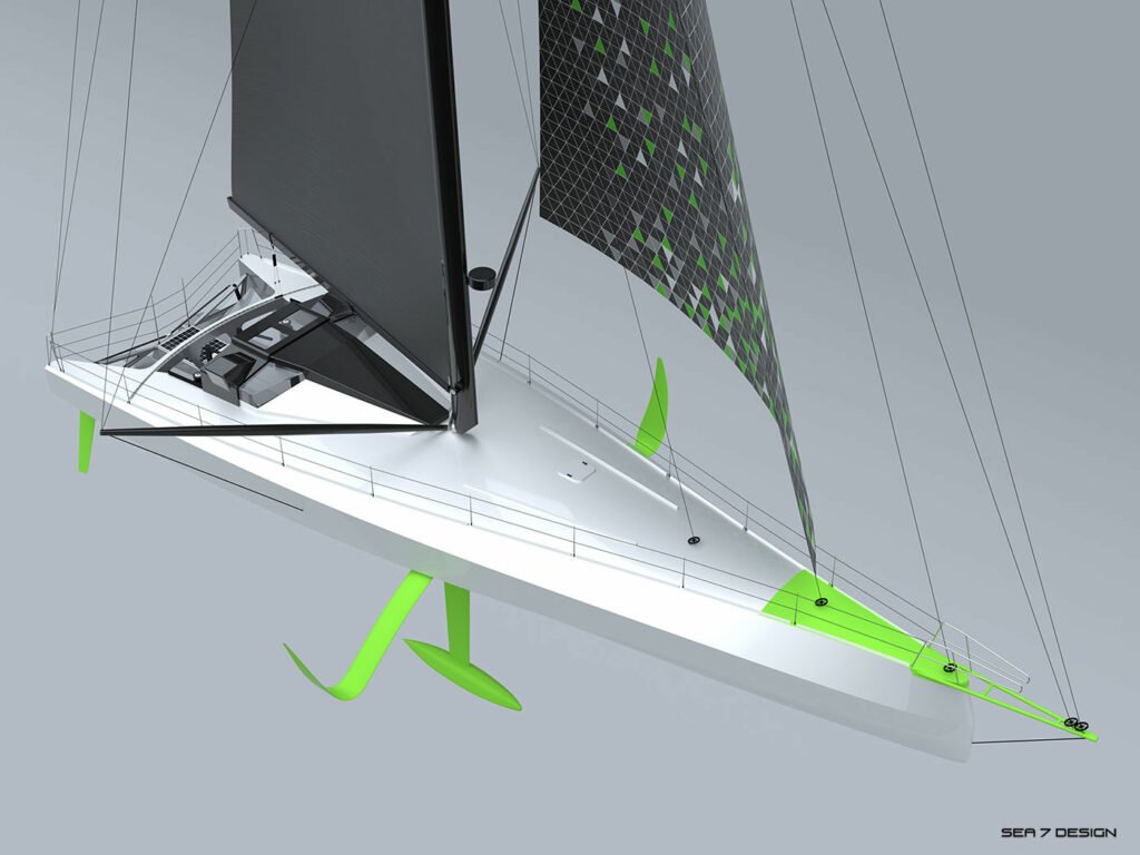 Imoca 60 sailing yacht view of the exterior from the bow