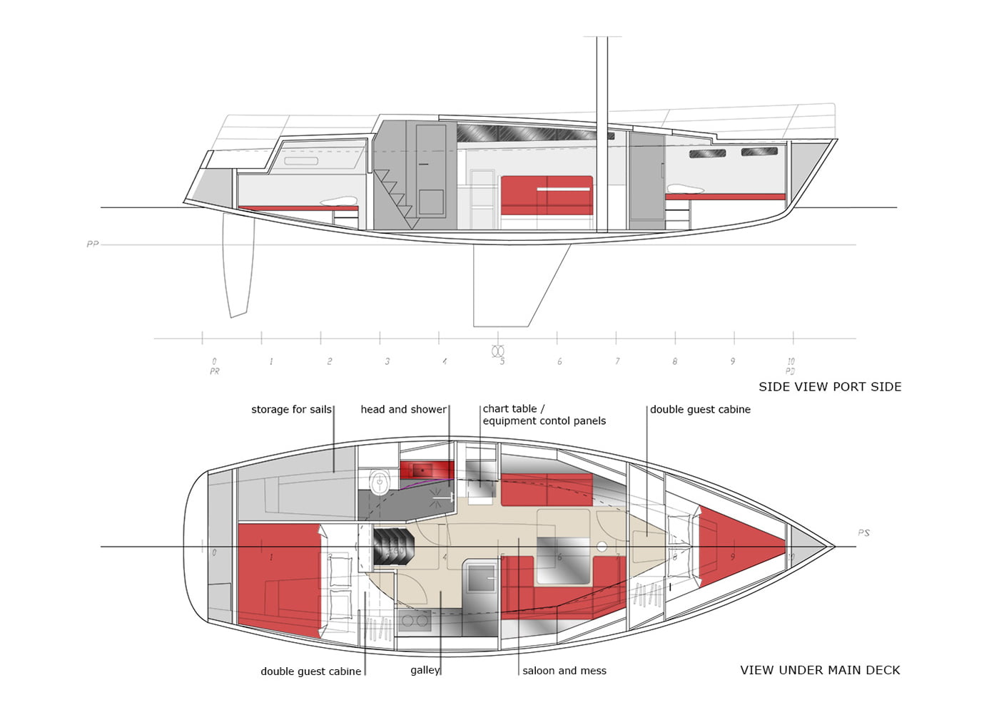 Sea sailing yacht sloop type General Arrangement Plan