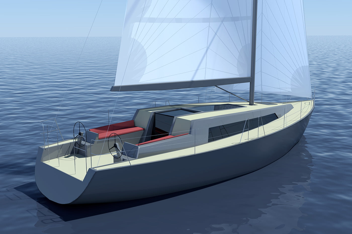 Sea sailing yacht sloop type exterior design view from aft