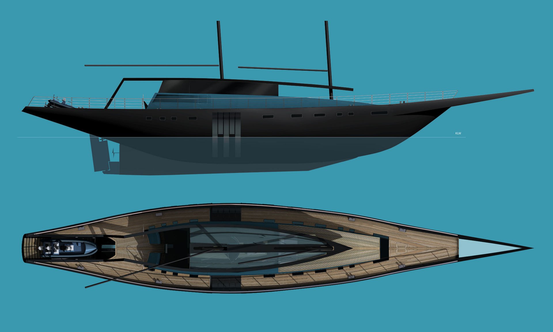 Tropical Sailing Yacht for Diving exterior design side and top views