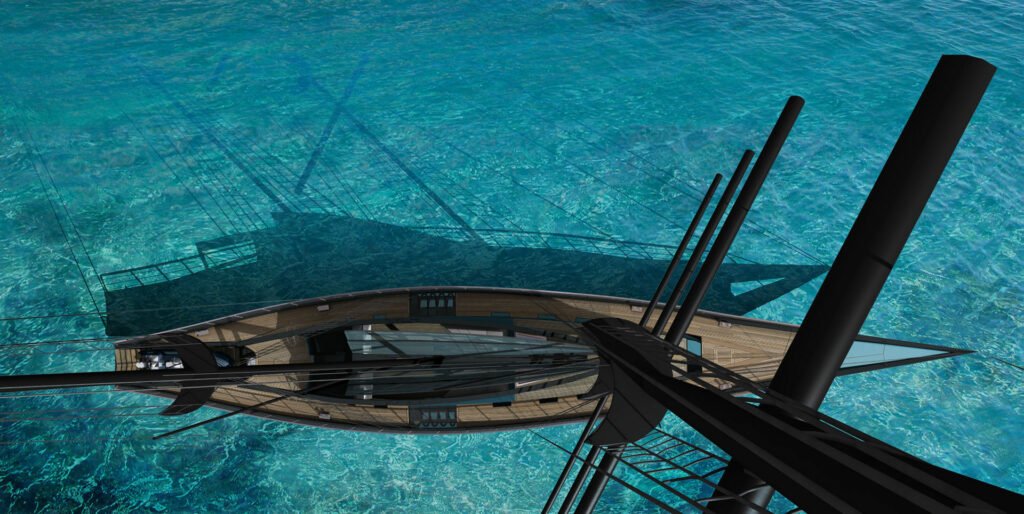 Tropical Sailing Yacht for Diving exterior design view from the top of mast