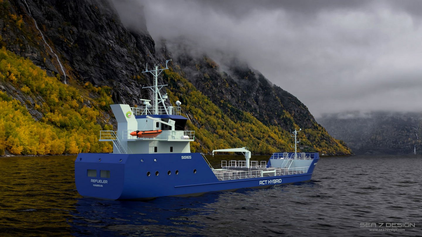 Sea 7 design oil chemical tanker sailing between Norwegian fjords, a gray low hanged clouds are hovering over the steep mountain slopes with yellow-green trees