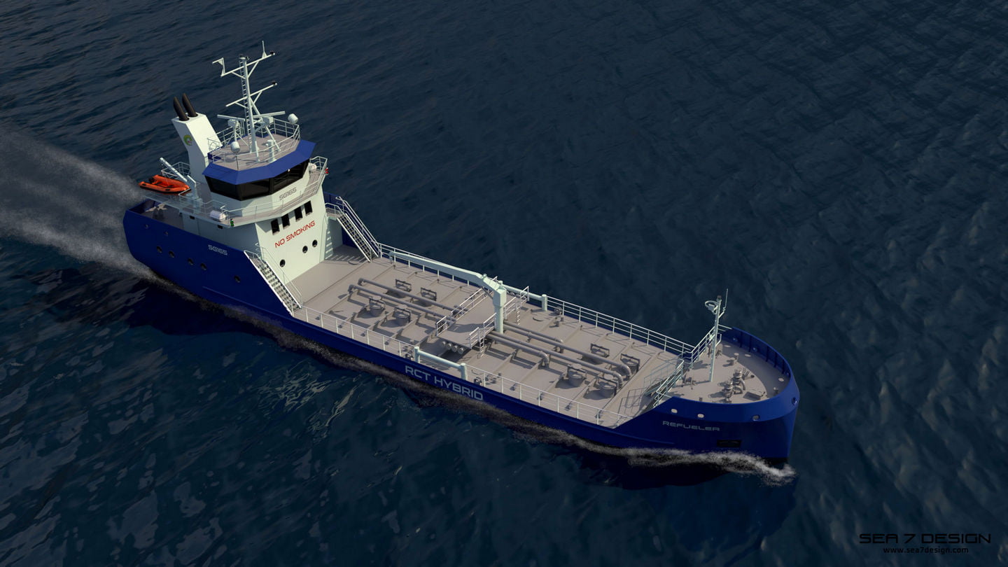 Sea 7 Design, Oil chemical tanker, areal view from bow on the exterior design of the ship, which is sailing on calm dark blue sea