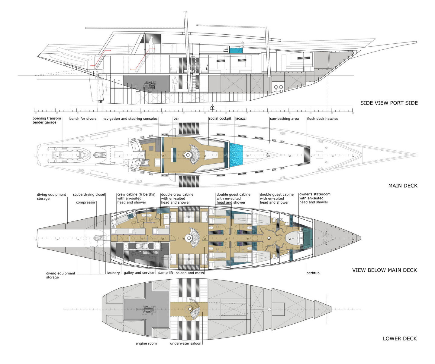 Sea 7 Design Tropical Sailing Yacht, General Arrangement Plan, view on deck layouts and a center line section