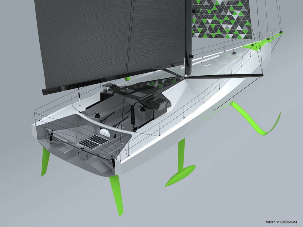 Sea 7 Design, IMOCA 60 class sailing yacht, exterior design, view on a hull with superstructure and sails from aft