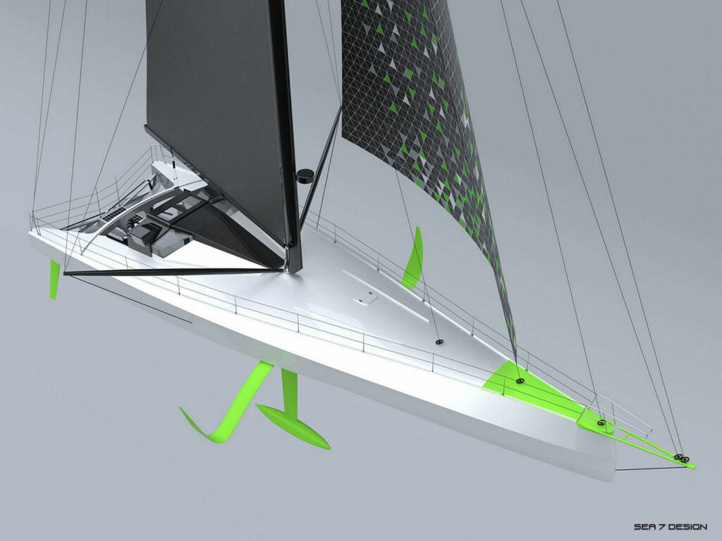 Sea 7 Design, IMOCA 60 class sailing yacht, exterior design, view on a hull with superstructure and sails from bow