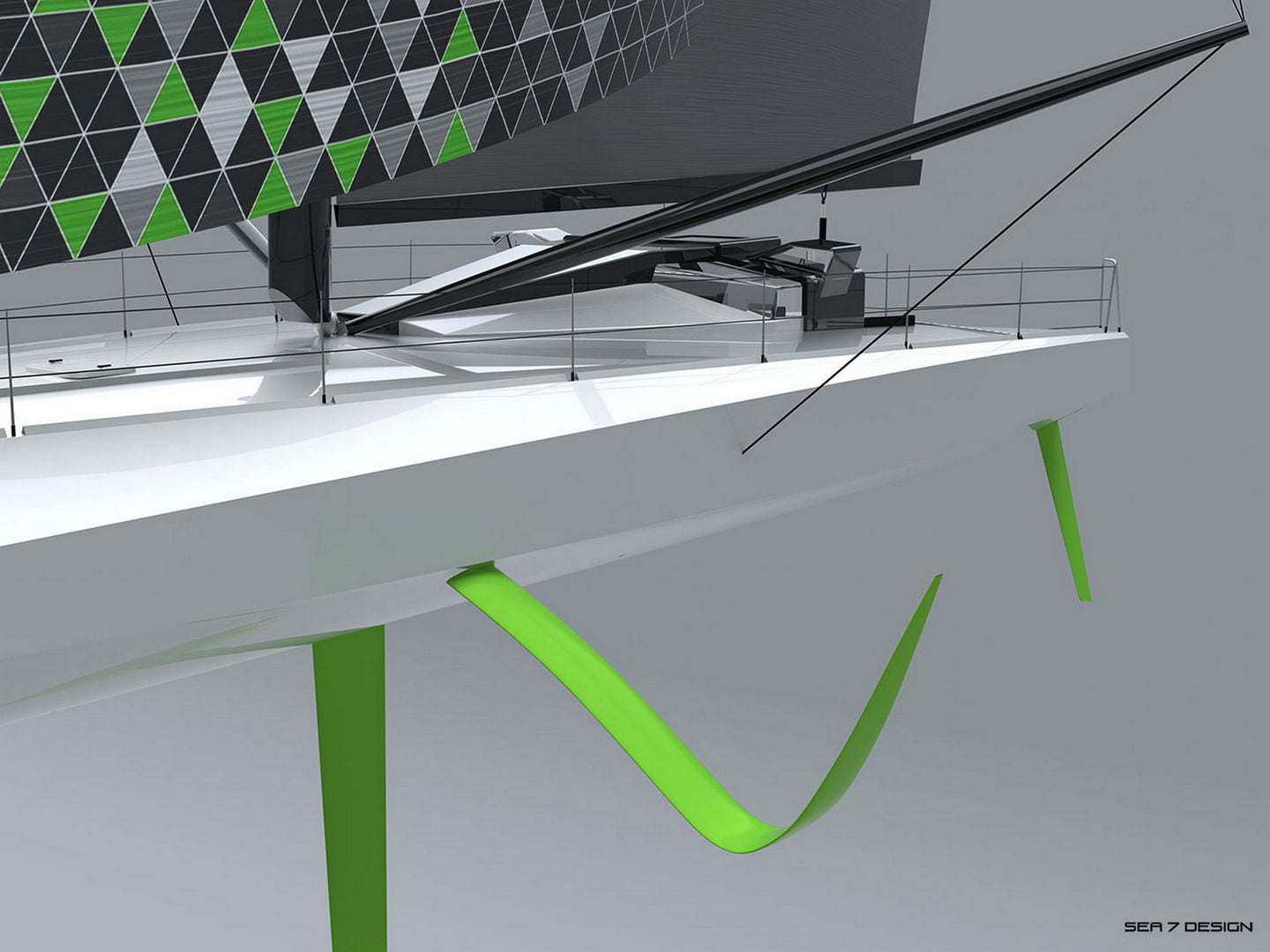 Sea 7 Design, IMOCA 60 class sailing yacht, exterior design, view on a superstructure and foils