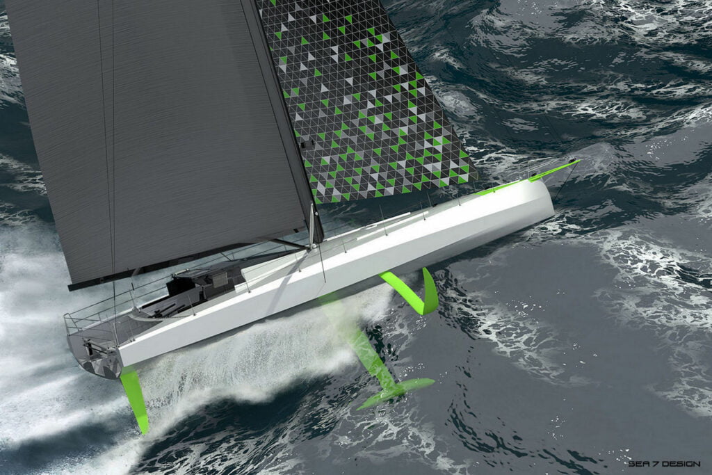Sea 7 Design, IMOCA 60 class sailing yacht on waves going with high velocity under sails, view from the side, colors of the yacht are white, black and fluorescent green,