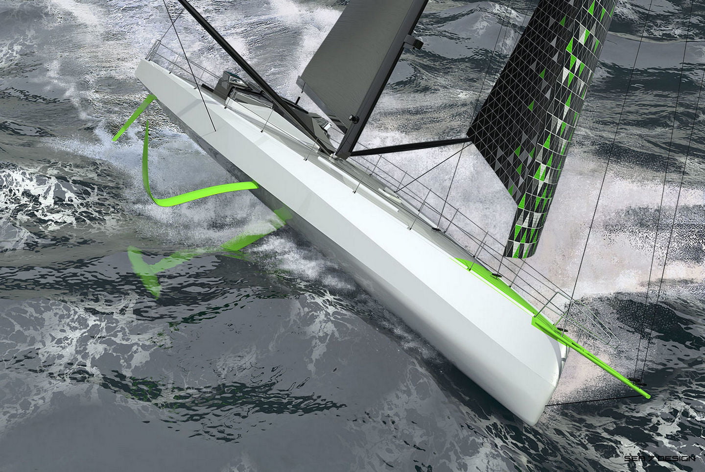 Sea 7 Design, IMOCA 60 class sailing yacht on waves going with high velocity under sails, view from the bow, colors of the yacht are white, black and fluorescent green,