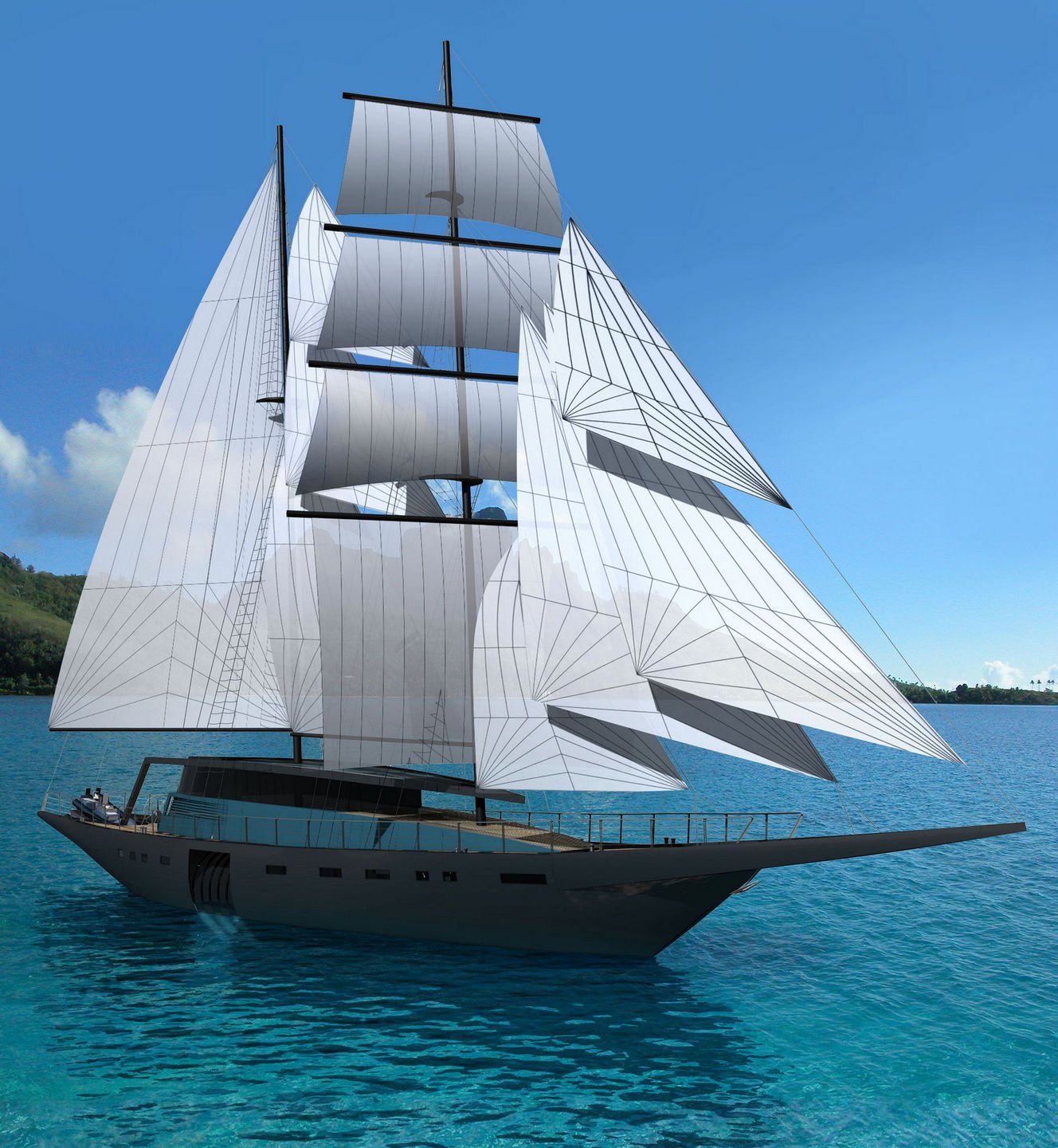 Sea 7 Design Tropical Sailing yacht for diving exterior design, a silhouette with white sails