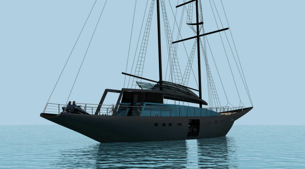 Sea 7 Design Tropical Sailing Yacht view form aft, superstructure with open wing roof and without sails