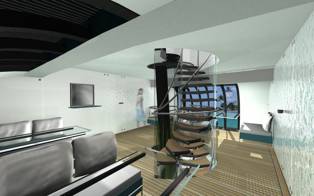 Sea 7 Design Tropical Sailing Yacht view on saloon and mess on main deck, spiral stairs in the middle, big windows on both sides of the room