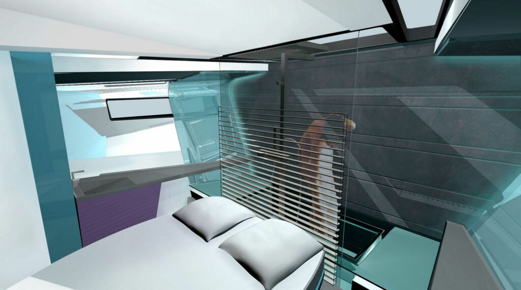 Sea 7 Design view on owner's suite on the bow, bedroom with bathtub, white, dark gray, turquoise and violet colors of interior finishes