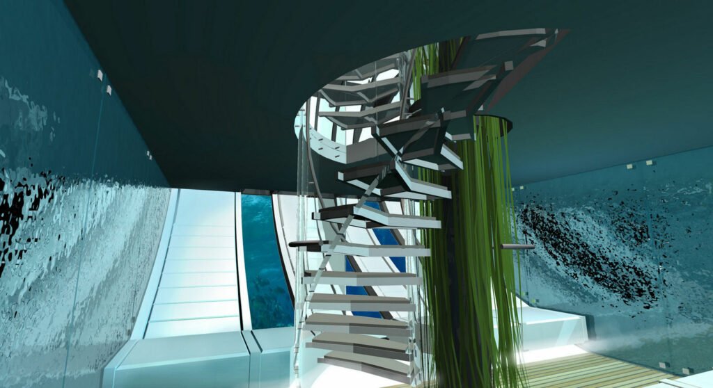 Sea 7 Design Tropical Sailing Yacht underwater saloon with spiral stairs and long windows