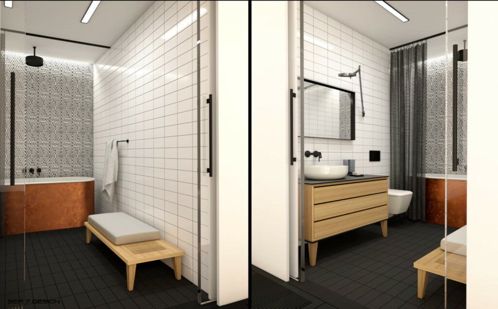 Sea 7 Desing photographer's atelier, minimalist interior design, bathroom with art deco tiles and copper bathtub