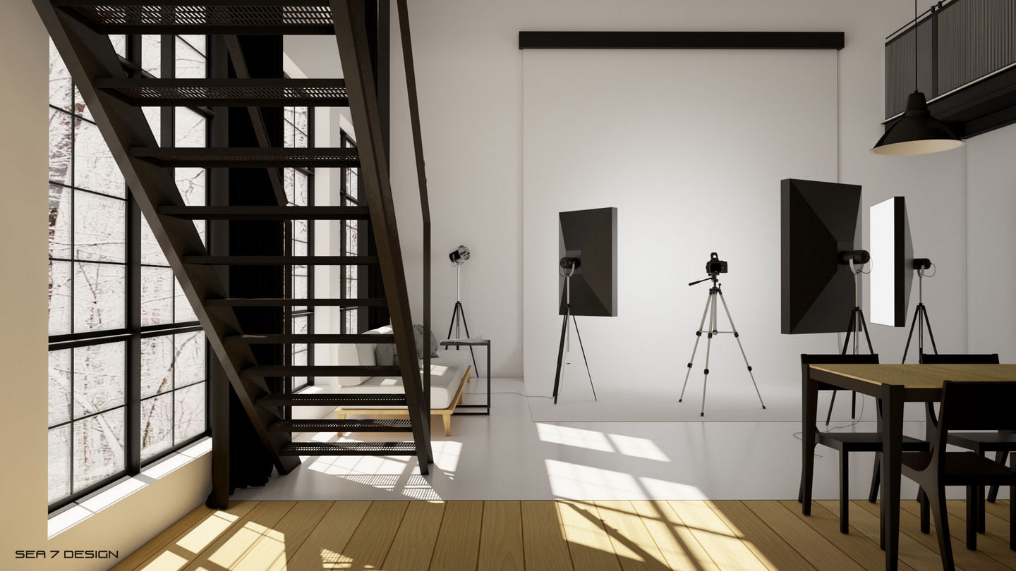 Sea 7 Desing photographer's atelier living room, minimalist interior design, loft with mezzanine in industrial style, black steal stairs, view on the photo studio with background and lighting