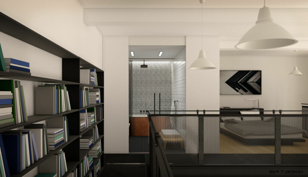Sea 7 Desing photographer's atelier, minimalist interior design, loft with mezzanine in industrial style, black steal balustrade, view on a bathroom and a bedroom