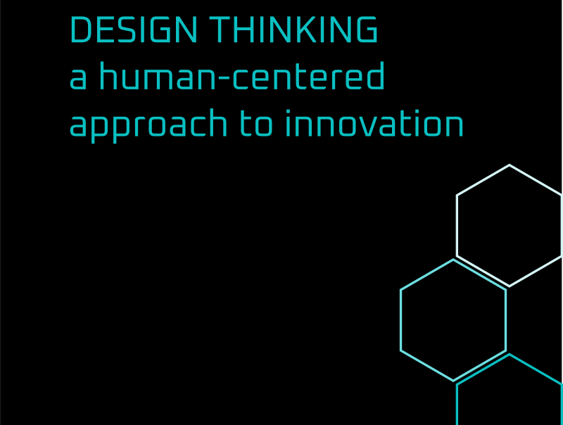Sea 7 Design, blog post cover, Design Thinking a human-centered approach to innovation, black background, turquoise letters, hexagon decor