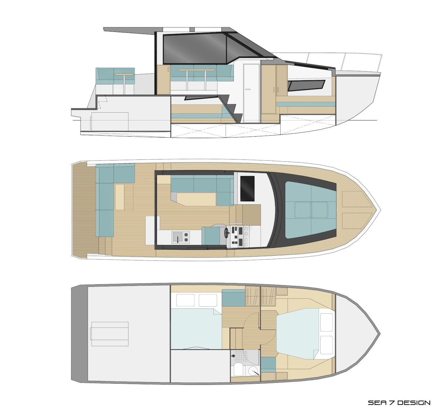 Sea 7 Design, motor yacht 34 ft. Interior arrangement layouts and a longitudinal section in color.