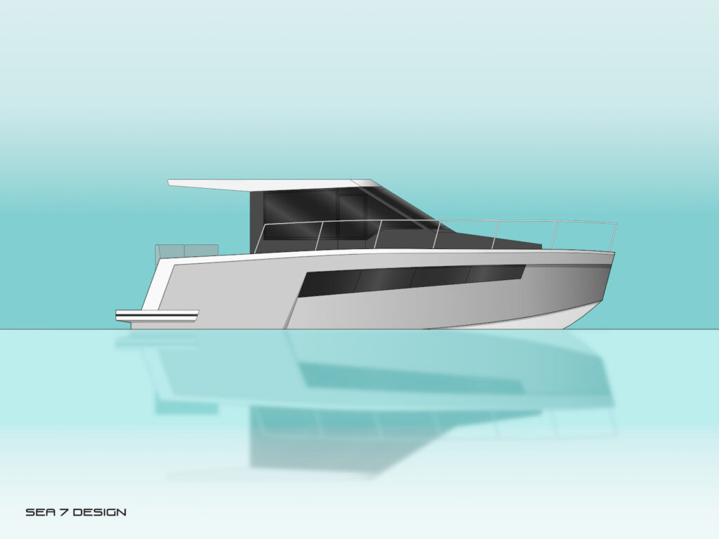 Sea 7 Design, motor yacht 34 ft. A side view on the water with reflection. A modern yacht design with a gray hull and a black superstructure.