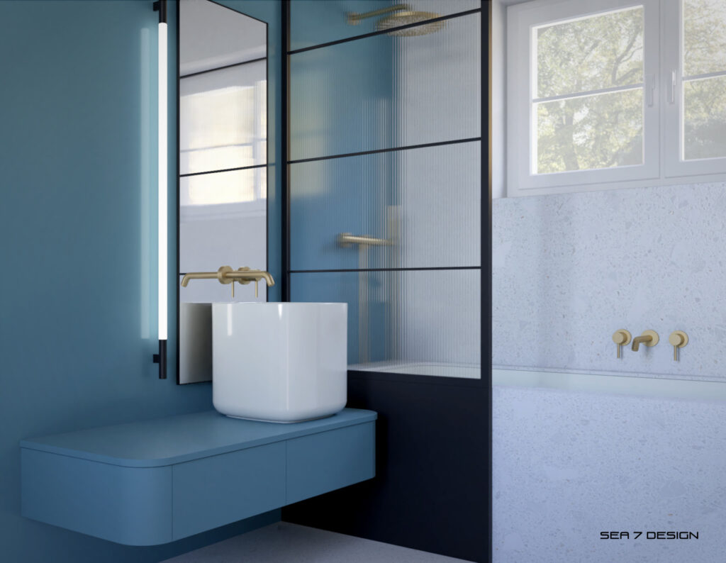 Sea 7 Design, Blue Minima Apartment, bathroom. A view of the sink and mirror. A blue wall and blue cabinet. A shower with a bathtub with Terazzo white tiles. The bronze faucets.