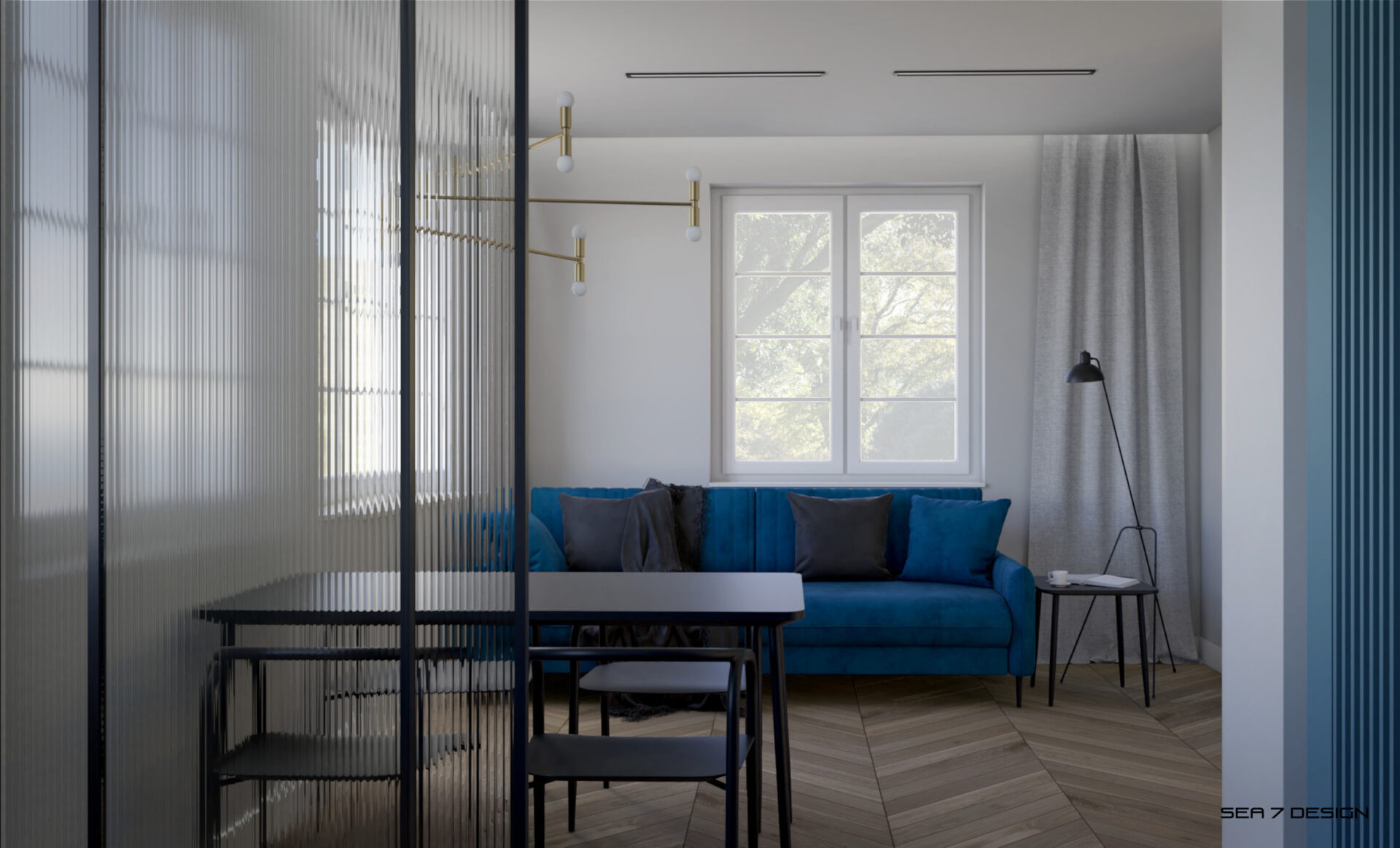 Sea 7 Design, Blue Minima Apartment, living room, view on a blue velvet sofa and a black table with black chairs. Over the table is a brass hanging lamp.