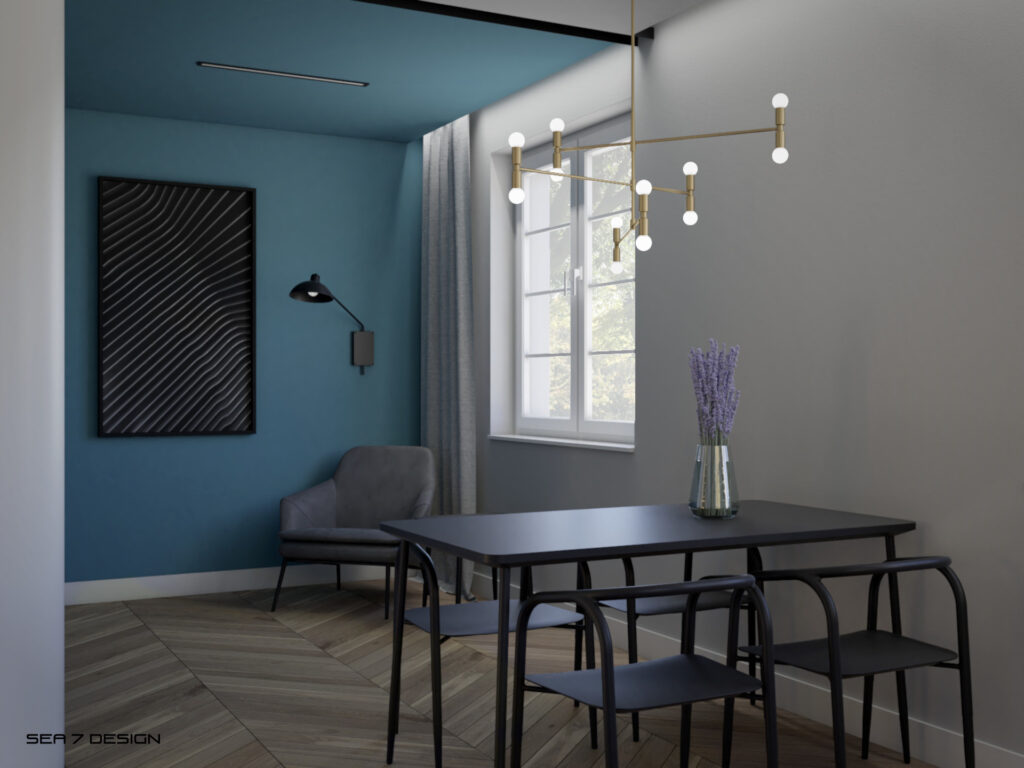 Sea 7 Design, Blue Minima Apartment, living room, view on black table with black chairs. Over the table is a brass hanging lamp. In the foreground, an office area with blue walls and ceiling and a gray velvet armchair.